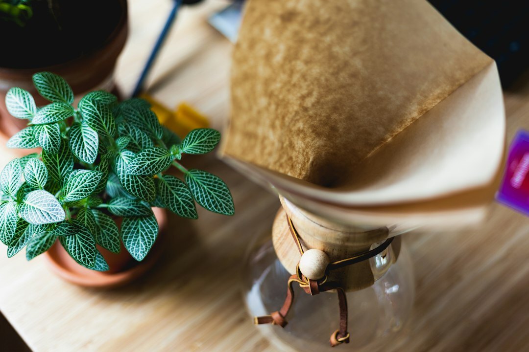 Overhead view of a desk with a notebook, coffee and plant for journaling