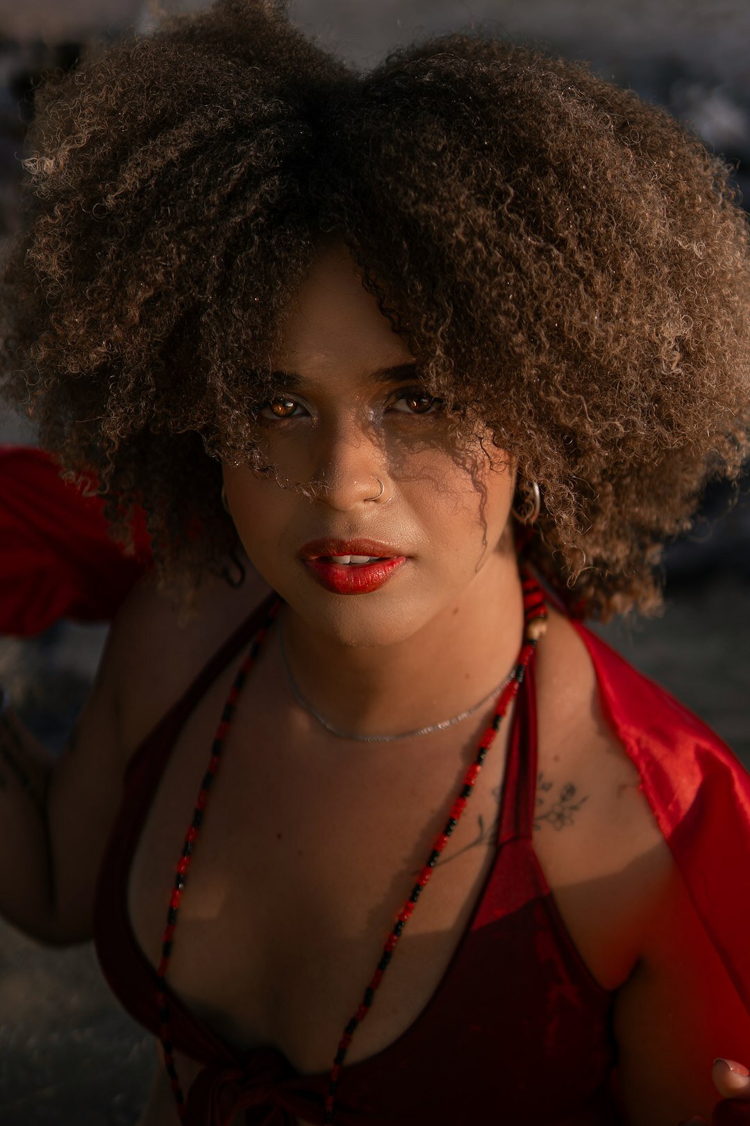 Studio portrait of a smiling brazilian woman with curly hair